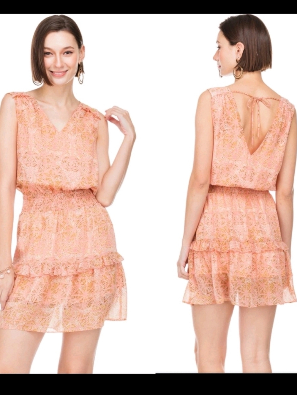 JOY JOY‎ Cinch Waist Sleeveless V-Neck Mini Dress Sandy Waves Pink